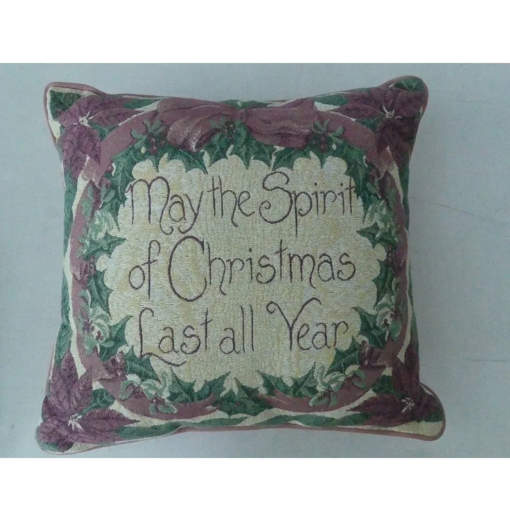 Christmas Tapestry Throw Pillow May Spirit of Christmas Pink Victorian Vtg